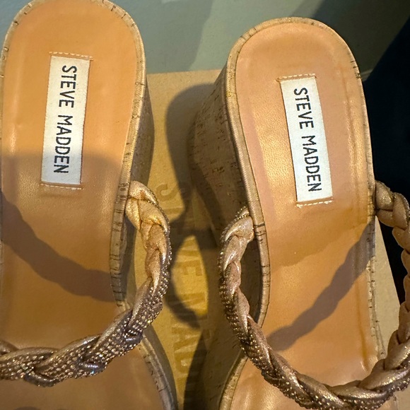 Steve Madden Danya Cork Wedge Sandals Bronze Rhinestone Braided Straps - Picture 11 of 11